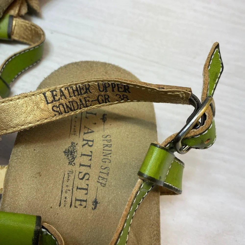L'Artiste Womens 38 Sandals Sundae Floral Leather Thong Ankle Strap Green Boho